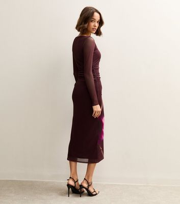Burgundy Flower Ruched Mesh Midi Dress