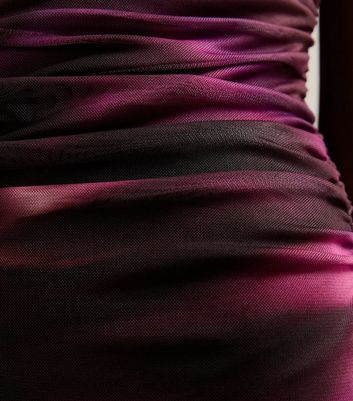 Burgundy Flower Ruched Mesh Midi Dress