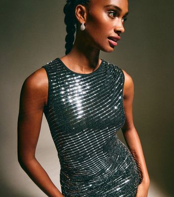 Silver Sequin Embellished Midi Dress