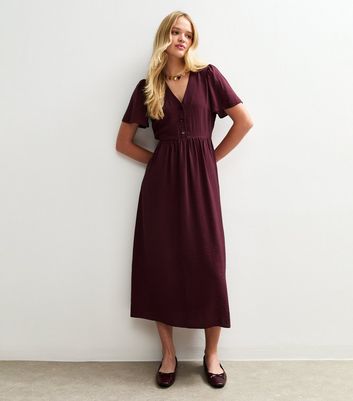 Burgundy Flutter Sleeve Button Front Midi Dress