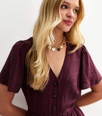 Burgundy Flutter Sleeve Button Front Midi Dress