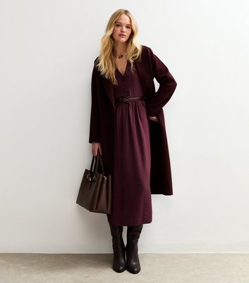 Burgundy Flutter Sleeve Button Front Midi Dress