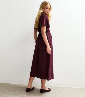 Burgundy Flutter Sleeve Button Front Midi Dress