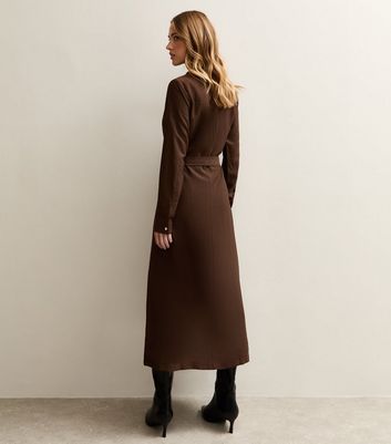 Brown Button Up Belted Midi Shirt Dress