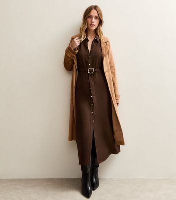 Brown Button Up Belted Midi Shirt Dress