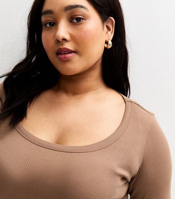 Curves Light Brown Long Sleeve Scooped Neck Top