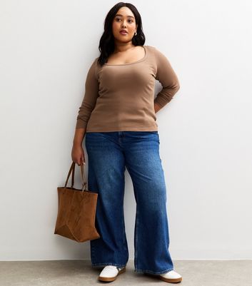 Curves Light Brown Long Sleeve Scooped Neck Top