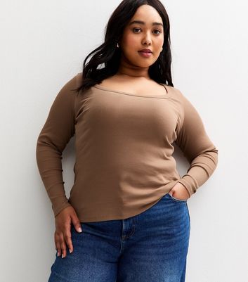Curves Light Brown Long Sleeve Scooped Neck Top