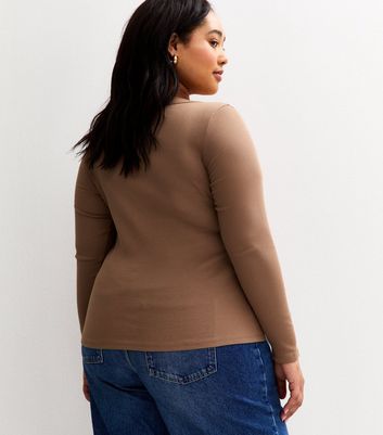 Curves Light Brown Long Sleeve Scooped Neck Top