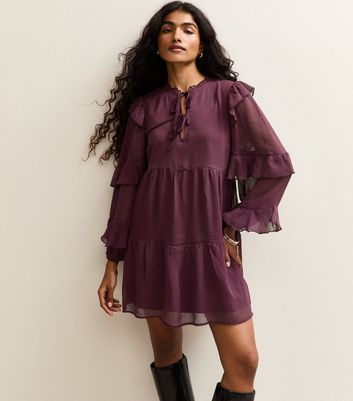 Petite Purple Ruffle Chiffon Long Sleeve Mini Dress