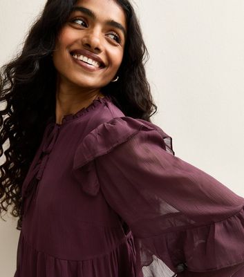 Petite Purple Ruffle Chiffon Long Sleeve Mini Dress