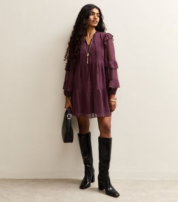 Petite Purple Ruffle Chiffon Long Sleeve Mini Dress 3 Petite Purple Ruffle Chiffon Long Sleeve Mini Dress