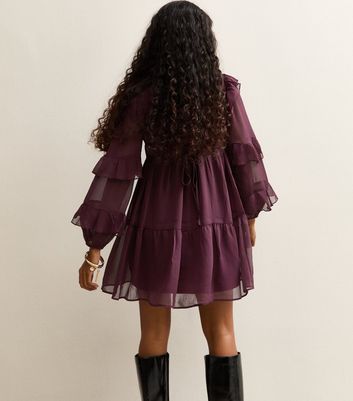 Petite Purple Ruffle Chiffon Long Sleeve Mini Dress 4 Petite Purple Ruffle Chiffon Long Sleeve Mini Dress