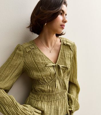 Green Textured V-Neck Top