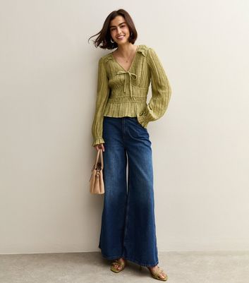 Green Textured V-Neck Top