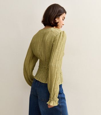 Green Textured V-Neck Top