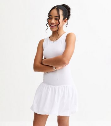 Girls White Puff Ball Racerback Ribbed Mini Dress
