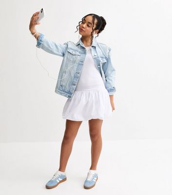 Girls White Puff Ball Racerback Ribbed Mini Dress