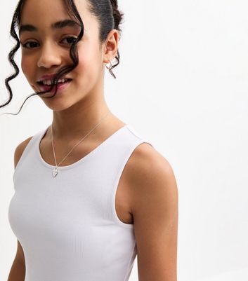 Girls White Puff Ball Racerback Ribbed Mini Dress