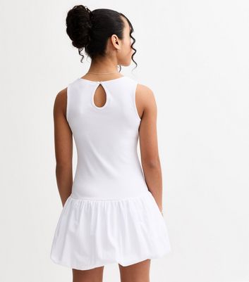 Girls White Puff Ball Racerback Ribbed Mini Dress