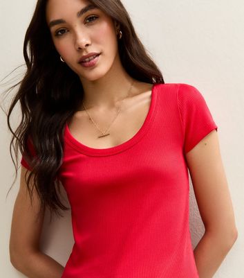 Red Ribbed Scoop Neck T-Shirt
