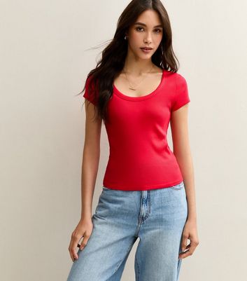 Red Ribbed Scoop Neck T-Shirt