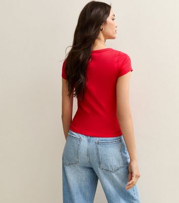 Red Ribbed Scoop Neck T-Shirt