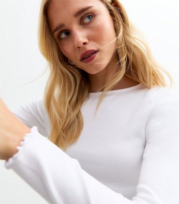 White Ribbed Crew Neck Long Sleeved Top