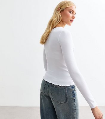 White Ribbed Crew Neck Long Sleeved Top