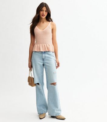 Pink Open Knit V-Neck Peplum Vest