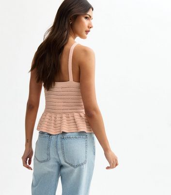 Pink Open Knit V-Neck Peplum Vest