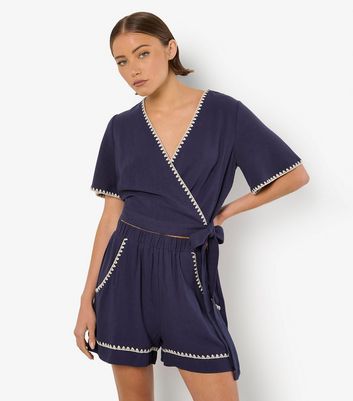 Apricot Navy Blanket Stitch Shorts