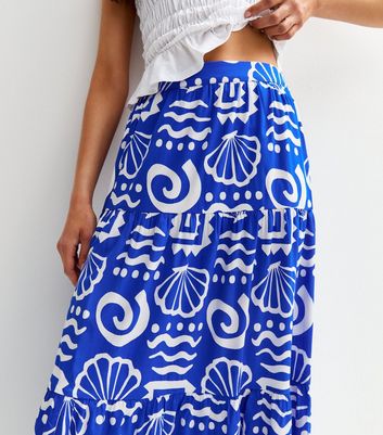 Blue Shell Print Tiered Midi Skirt