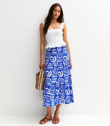 Blue Shell Print Tiered Midi Skirt 3 Blue Shell Print Tiered Midi Skirt