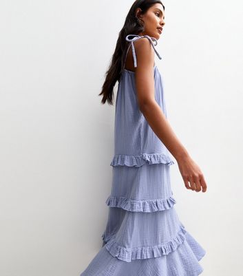 Blue Crinkled Frilly Trim Midi Dress