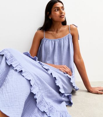 Blue Crinkled Frilly Trim Midi Dress