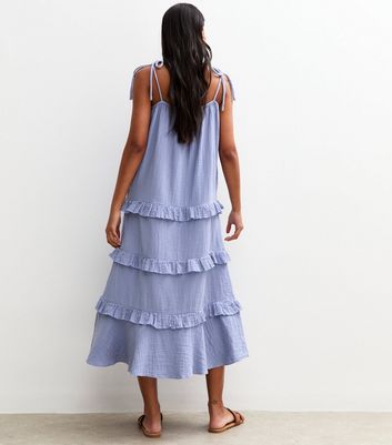 Blue Crinkled Frilly Trim Midi Dress 3 Blue Crinkled Frilly Trim Midi Dress