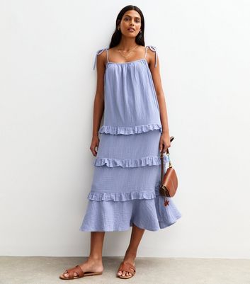 Blue Crinkled Frilly Trim Midi Dress 4 Blue Crinkled Frilly Trim Midi Dress