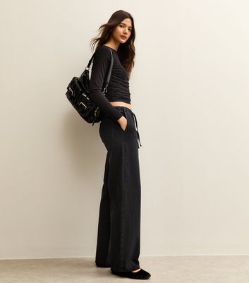 Black Denim Wide Leg Drawstring Waist Jeans