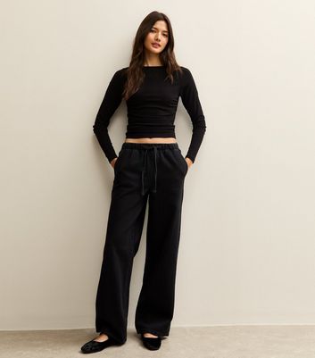 Black Denim Wide Leg Drawstring Waist Jeans