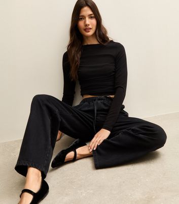 Black Denim Wide Leg Drawstring Waist Jeans 3 Black Denim Wide Leg Drawstring Waist Jeans