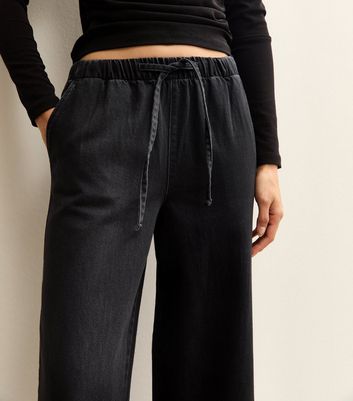 Black Denim Wide Leg Drawstring Waist Jeans 4 Black Denim Wide Leg Drawstring Waist Jeans