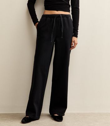 Black Denim Wide Leg Drawstring Waist Jeans 7 Black Denim Wide Leg Drawstring Waist Jeans