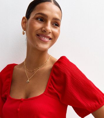 Bright Red Crinkle Jersey Button Front Top
