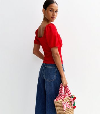 Bright Red Crinkle Jersey Button Front Top