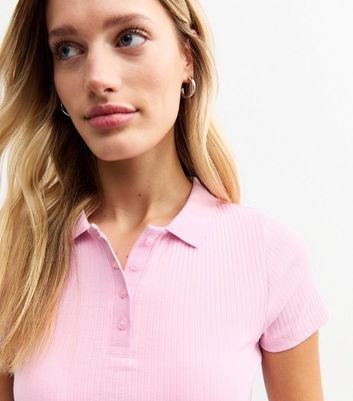 Pink Ribbed Jersey Fitted Polo Top