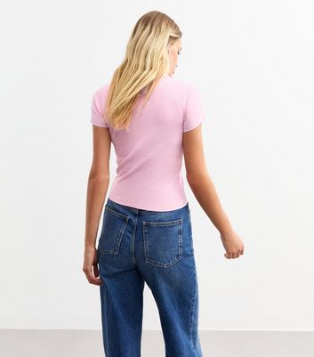 Pink Ribbed Jersey Fitted Polo Top