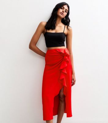 Red Ruffle Trim Hem Slit Midi Skirt