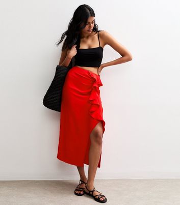 Red Ruffle Trim Hem Slit Midi Skirt
