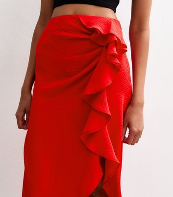 Red Ruffle Trim Hem Slit Midi Skirt